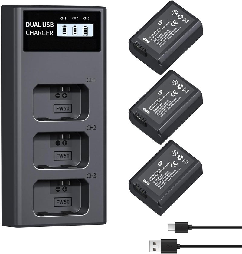 L & P NP-FW50 Battery Charger Pack, 3-Pack 1200mAh Battery & Triple Slot Charger for Alpha A5000, A5100, A6000, A6100, A6300, A6400, A6500, A7, A7II, A7R, A7RII, A7S, A7SII, RX10, RX10III, RX10IV, EV-10 - Image 1